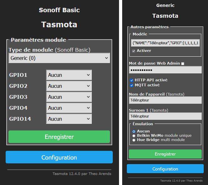Paramètres et configuration module