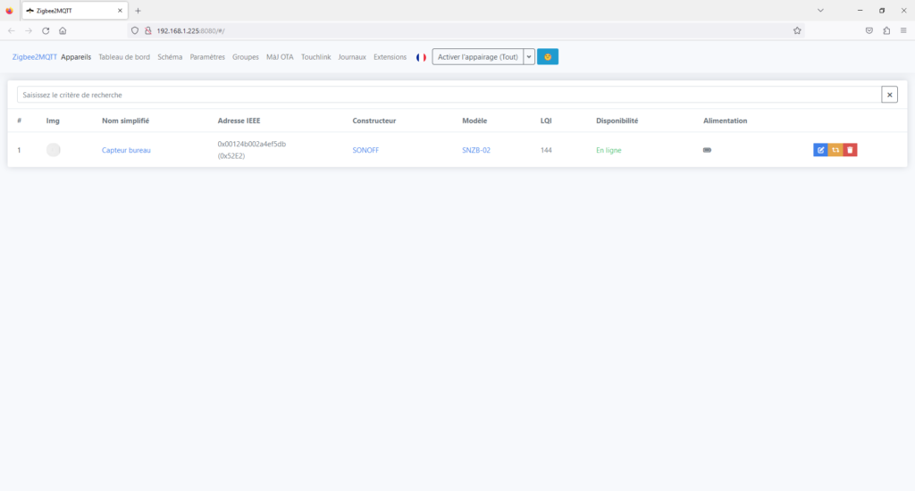 Connexion du capteur Sonoff SNZB-02