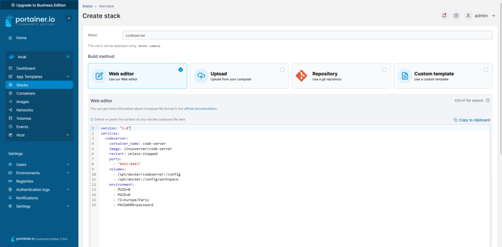 Docker compose code server